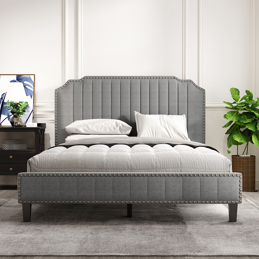Queen Size Solid Wooden Upholstered Bed Frame with Linen Headboard and Nailhead Trim - Gray