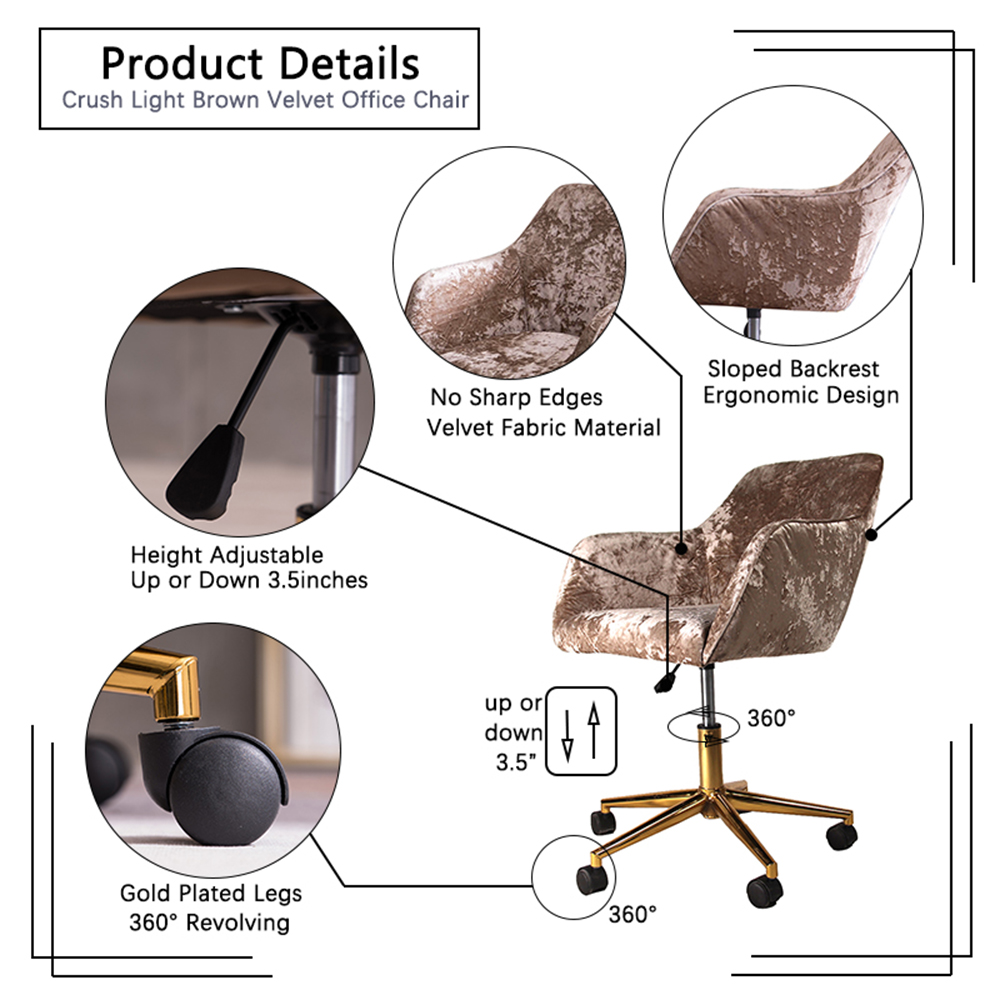 Velvet Rotating Chair Height Adjustable with Curved Backrest and Casters for Living Room, Bedroom, Office - Light Brown Crush