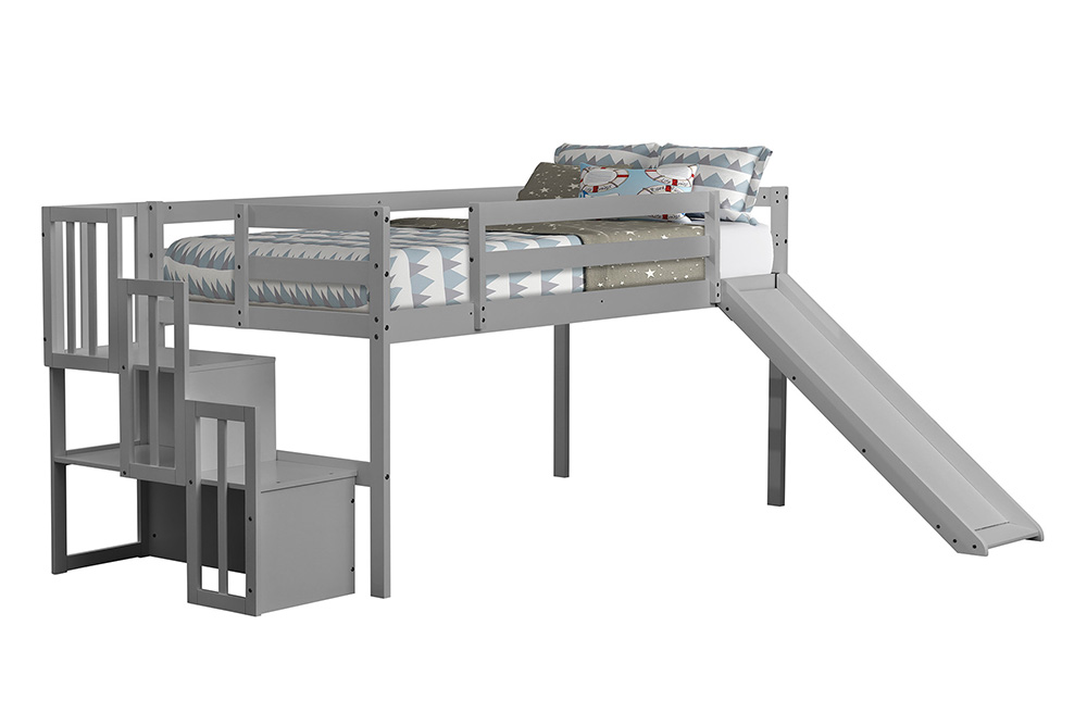 Children's Loft Bed with Storage Stairs and Slide - Grey