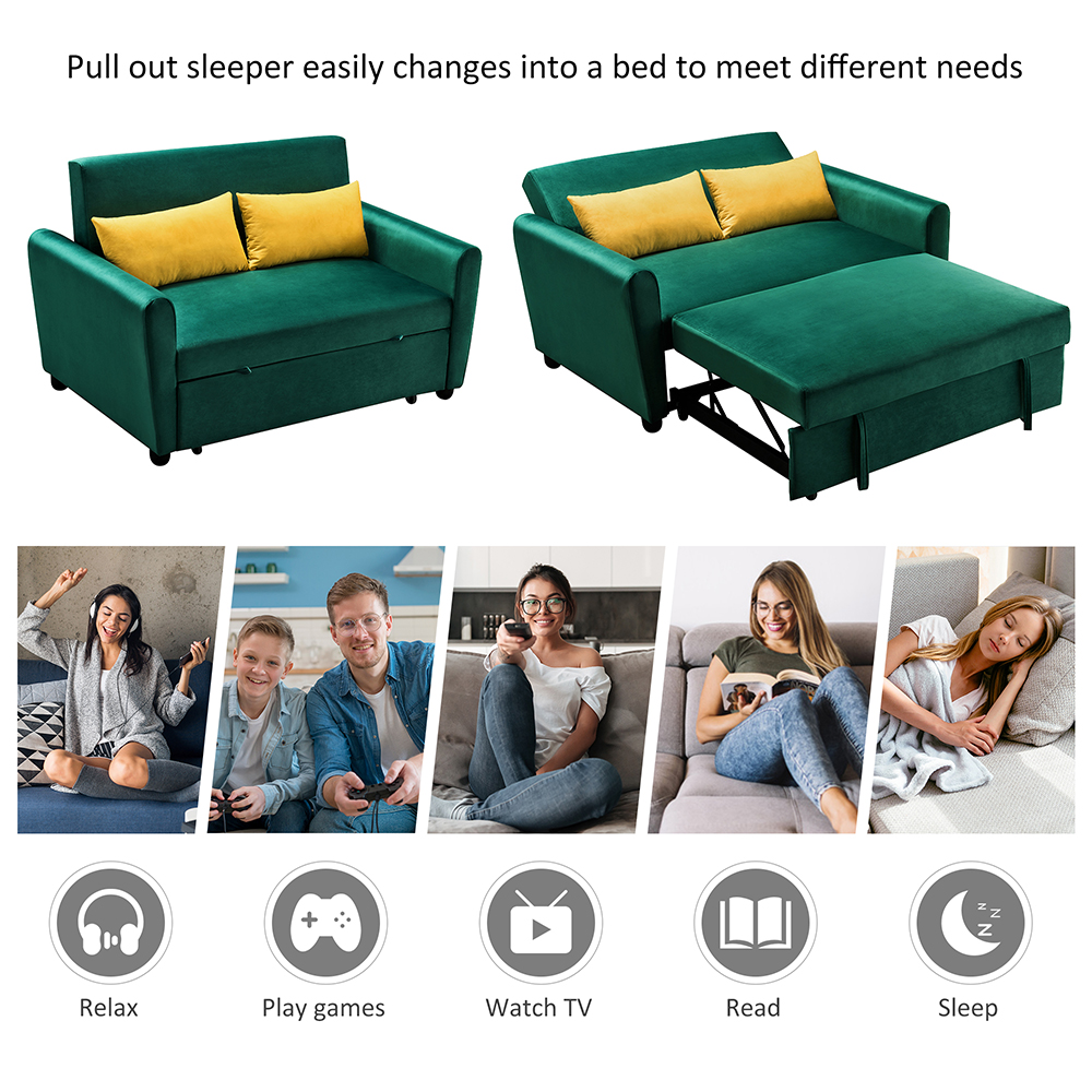 55" Velvet Multifunctional Pull-out Sofa Bed Lying and Sitting 2-in-1 with 2 Pillows and Wheels, 2 Seats - Green