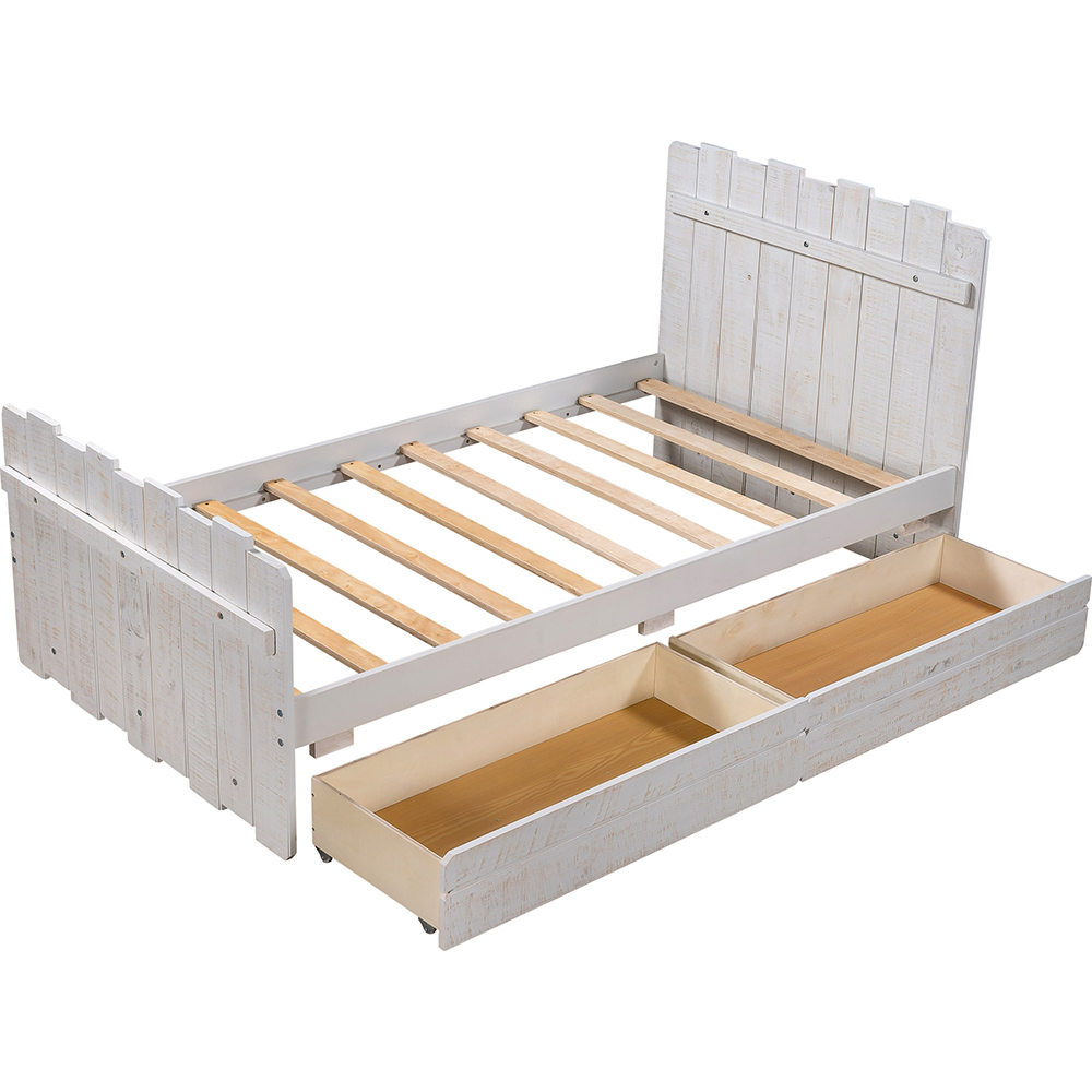 Twin Size Wooden Bed Frame Rustic Style Design with Storage Drawers, Vintage Fence-shaped Headboard, and Footboard - White