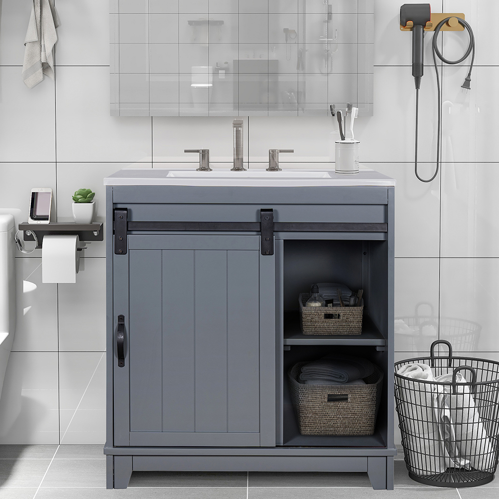 Free-Standing Bathroom Storage Cabinet with Sliding Door and Sink - White