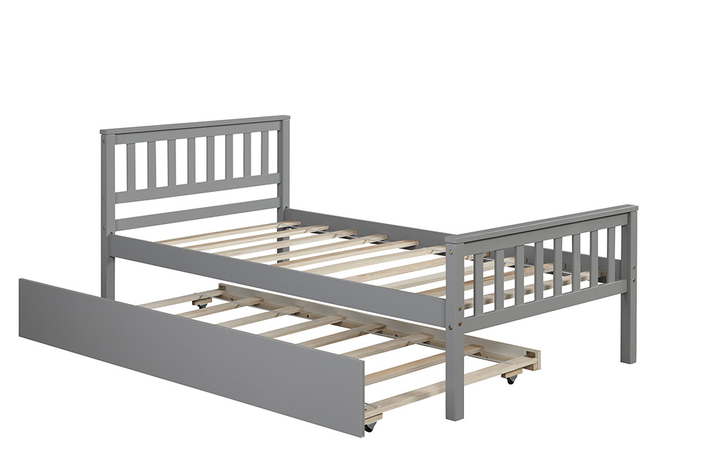 Twin Size Pull-out Combination Pine Bed Frame with Headboard and Footboard - Grey