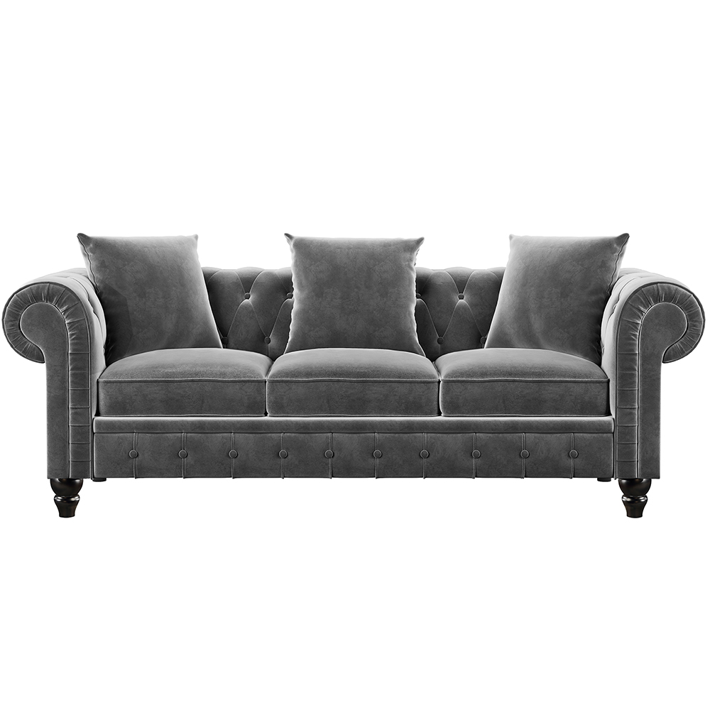 80" Velvet Upholstered Sofa Chesterfield Design with Roll Arm and 3 Pillows Suitable for Three People - Gray