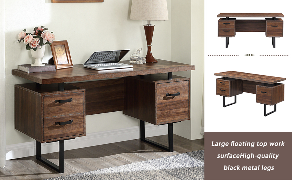 Home Office Computer Desk with Three File Drawers, U-shaped Metal Legs - Walnut