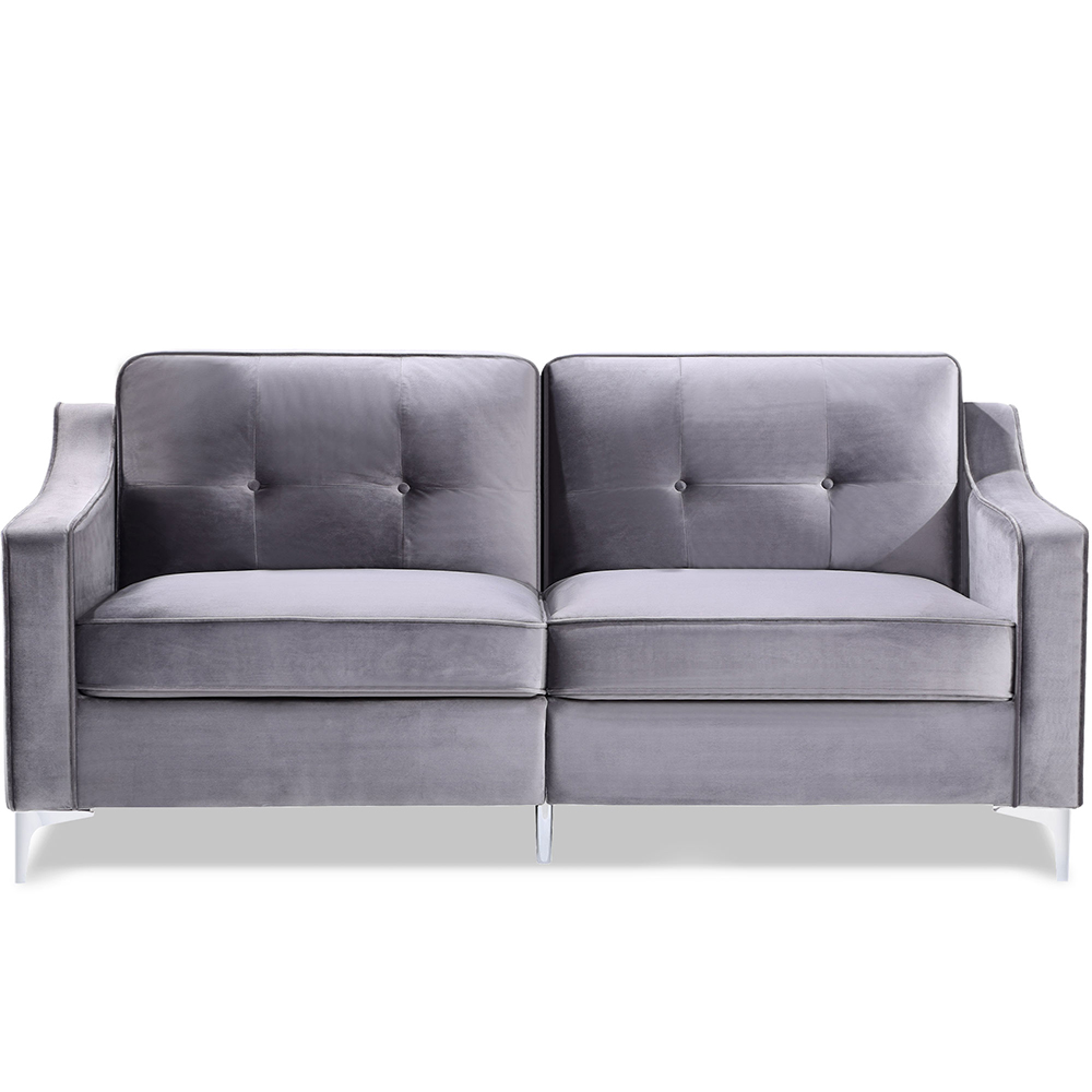 72" Velvet Upholstered Sofa Mid-century Modern Design with Armrests and Chrome-plated Metal Legs Suitable for Three People - Gray