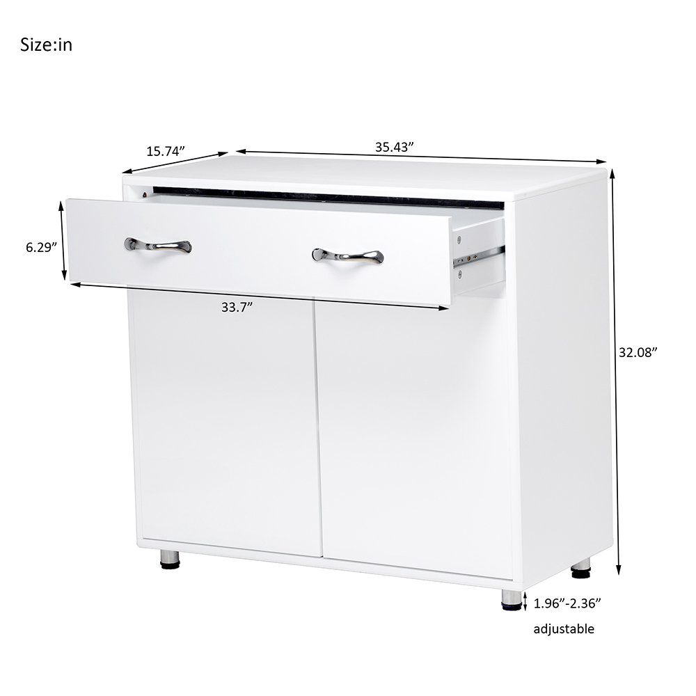 MDF Waterproof Storage Cabinet Height Adjustable with 1 Drawers and 3 Doors, for Home, Office, Dining Room, Bedroom - White