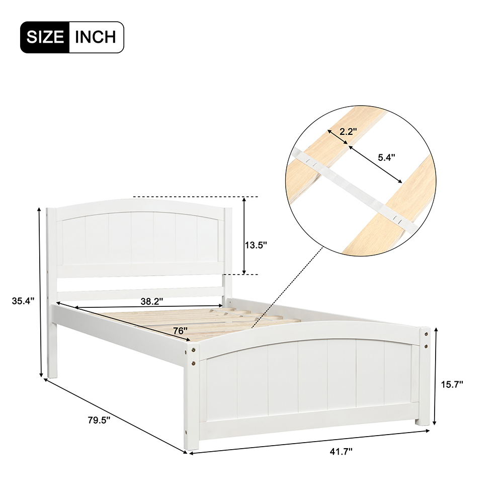Twin-Size Wooden Platform Bed Frame with Headboard, Footboard, and Wooden Slats Support - White