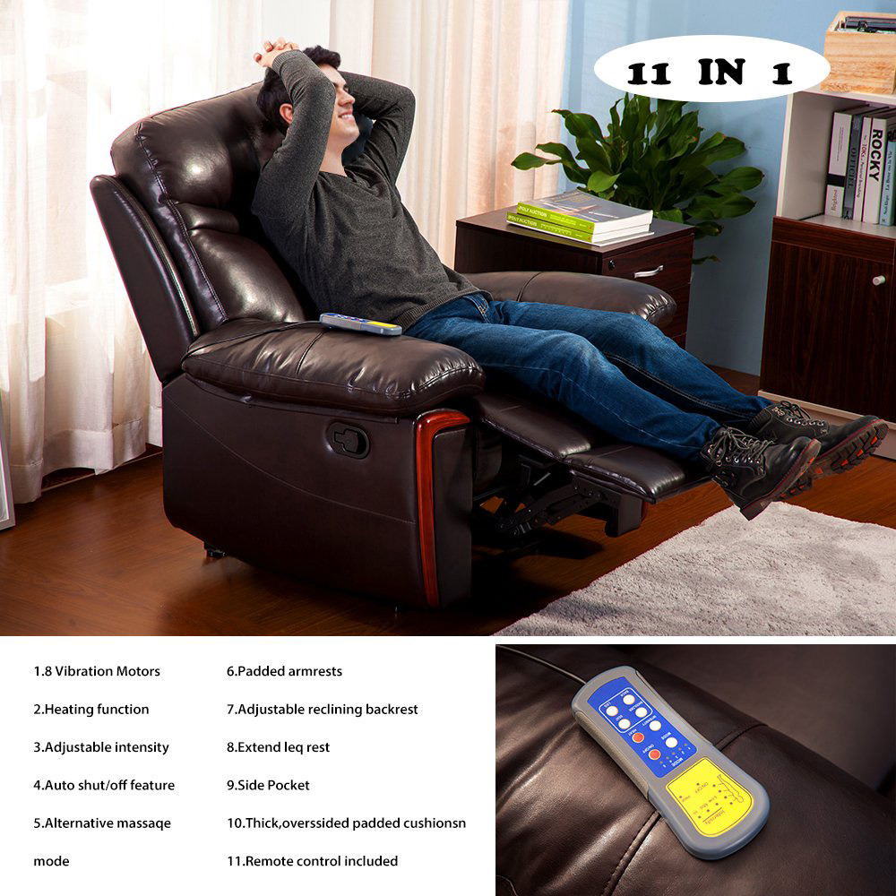 Faux Leather Vibration Massage  Recliner with Heating Function and Remote Control for Home Theater, Office, Living Room - Brown
