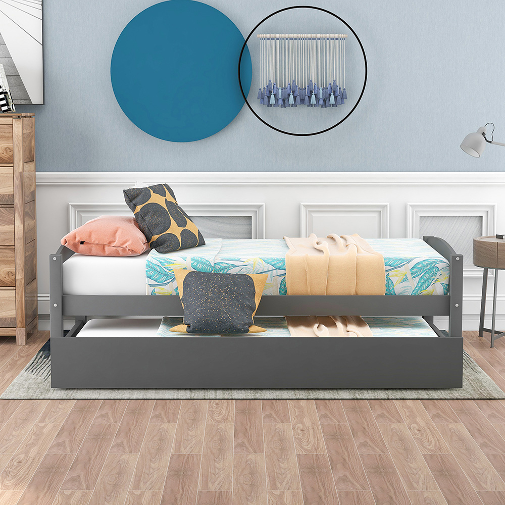 Twin-Size Wooden Platform Bed Frame with Trundle Bed, Suitable for Small Space Apartment, Room - Gray