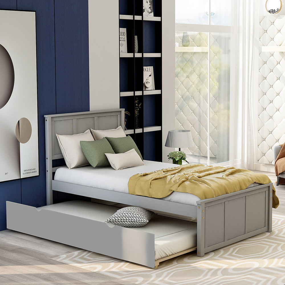 Twin Size Wooden Platform Bed Frame with Trundle Bed, and Wooden Slats Support, No Spring Box Required (Frame Only) - Gray