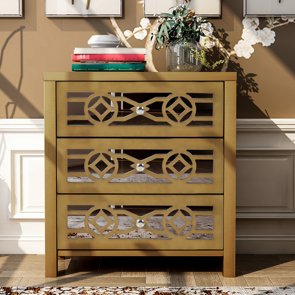 TREXM 26" Wooden Storage Cabinet with 3 Drawers and Decorative Mirror, for Entrance, Hallway, Dining Room, Kitchen - Gold