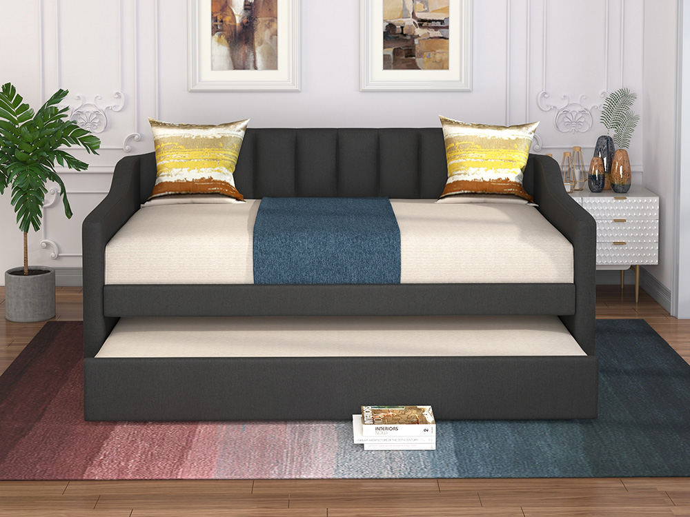 Twin Size Polyester Daybed Frame with Trundle Bed and Wooden Slats Support, No Need for Spring Box, for Living Room, Bedroom, Office, Apartment - Gray