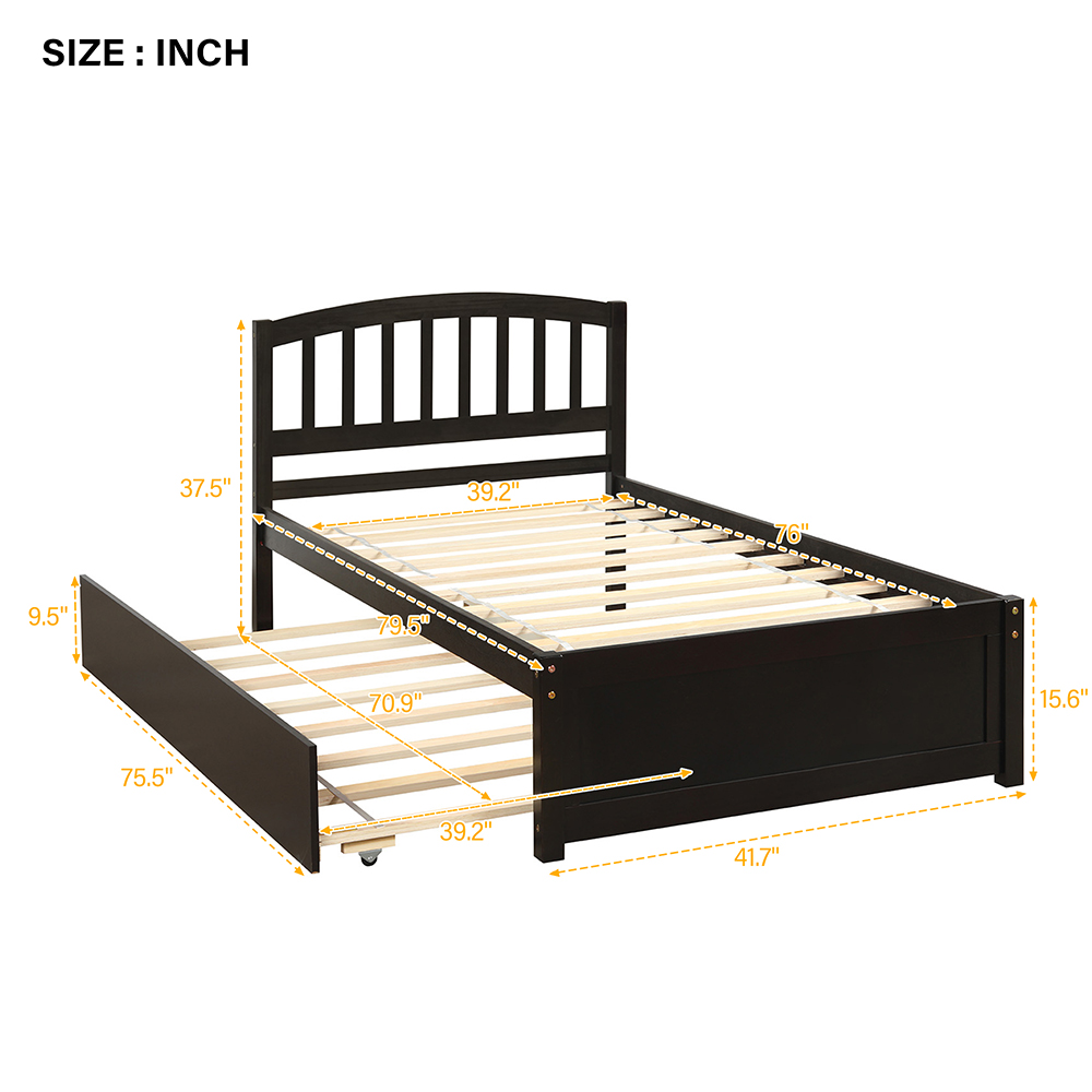 Twin Size Wooden Platform Bed Frame with Trundle Bed, and Wooden Slats Support, No Spring Box Required (Frame Only) - Espresso