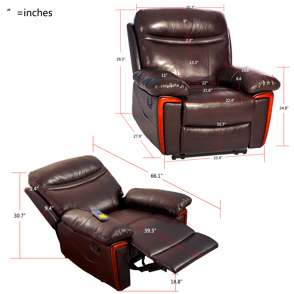 Faux Leather Vibration Massage  Recliner with Heating Function and Remote Control for Home Theater, Office, Living Room - Brown