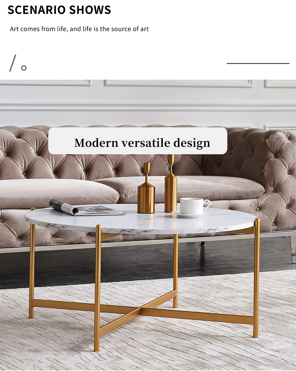 36" Modern Round Coffee Table with Imitation Marble Wooden Tabletop and Metal Frame for Living Room, Office, Apartment, Restaurant - Gold