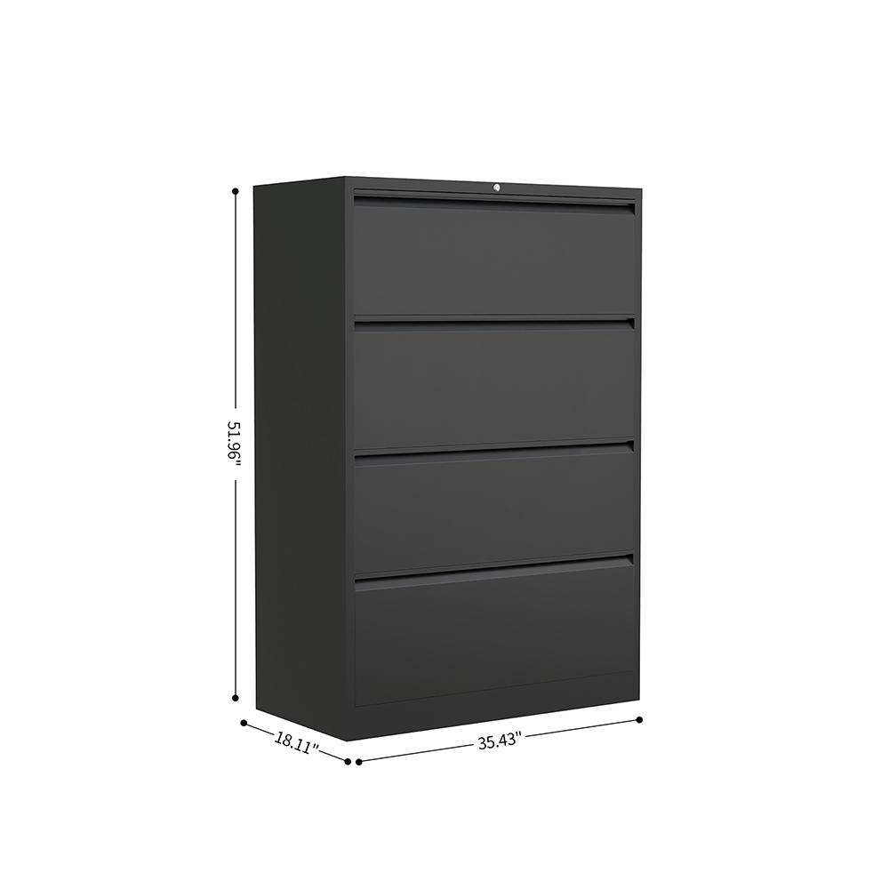 Home Office Lateral Metal Lockable File Cabinet with 4 Storage Drawers, for A4, Letter-Sized and Legal-Sized Hanging Documents - Black