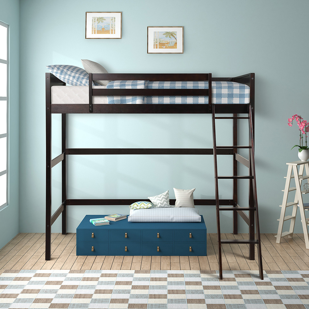 Twin-Size Wooden Loft Bed Frame with Ladder and Wooden Slats Support, Space-saving Design - Espresso