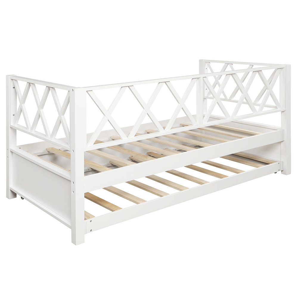 Twin Size Wooden Daybed Frame with Trundle Bed and X-Shaped Backrest, No Need for Spring Box, for Living Room, Bedroom, Office, Apartment - White