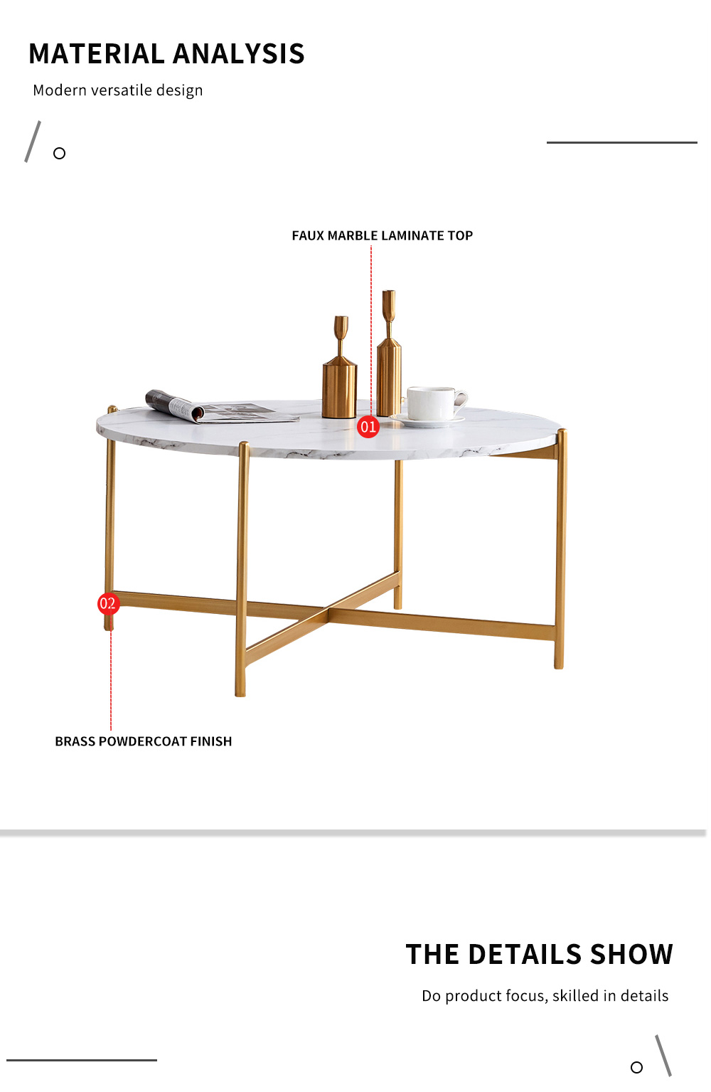 36" Modern Round Coffee Table with Imitation Marble Wooden Tabletop and Metal Frame for Living Room, Office, Apartment, Restaurant - Gold