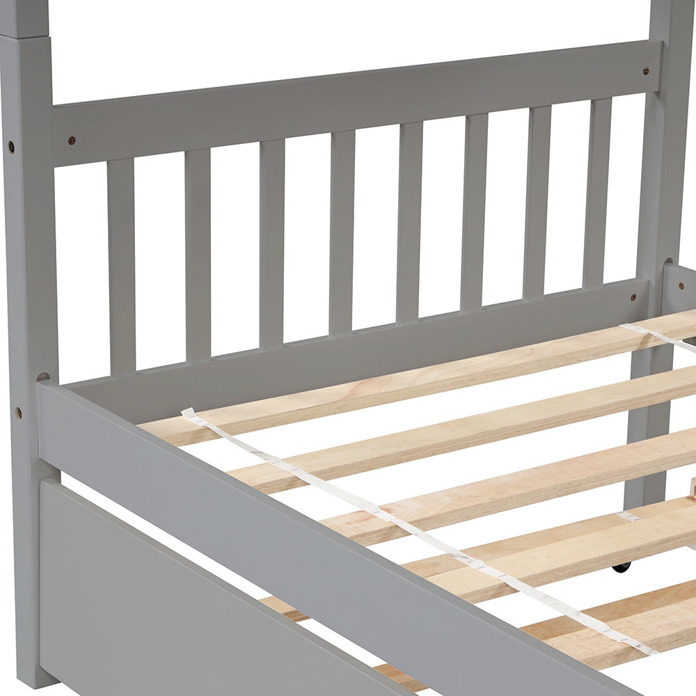 Twin-Over-Twin Size Wooden Bunk Bed Frame with Trundle Bed and Wooden ...