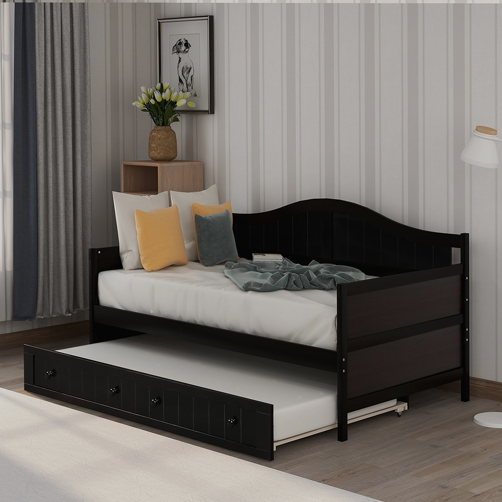TwinSize Wooden Platform Daybed Frame with Trundle Bed Espresso