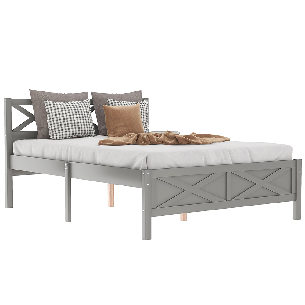Full Size Wooden Platform Bed Frame with High Legs and Wooden Slats - Gray