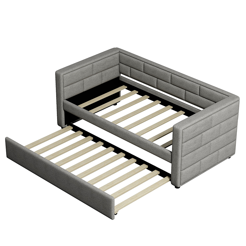 Twin Size Upholstered Daybed Frame With Trundle Bed And Wooden Slats Support, No Need For Spring Box, For Living Room, Bedroom, Office, Apartment - Gray 11 Twin Size Upholstered Daybed Frame with Trundle Bed and Wooden Slats Support, No Need for Spring Box, for Living Room, Bedroom, Office, Apartment - Gray