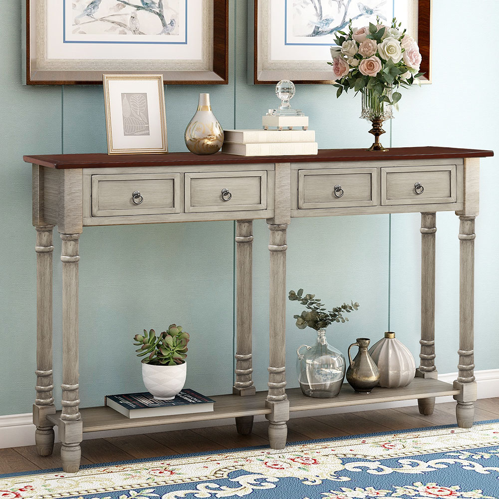 TREXM 58'' Console Table with 2 Storage Drawers, and Bottom Shelf, for Entrance, Hallway, Dining Room, Kitchen - Grey