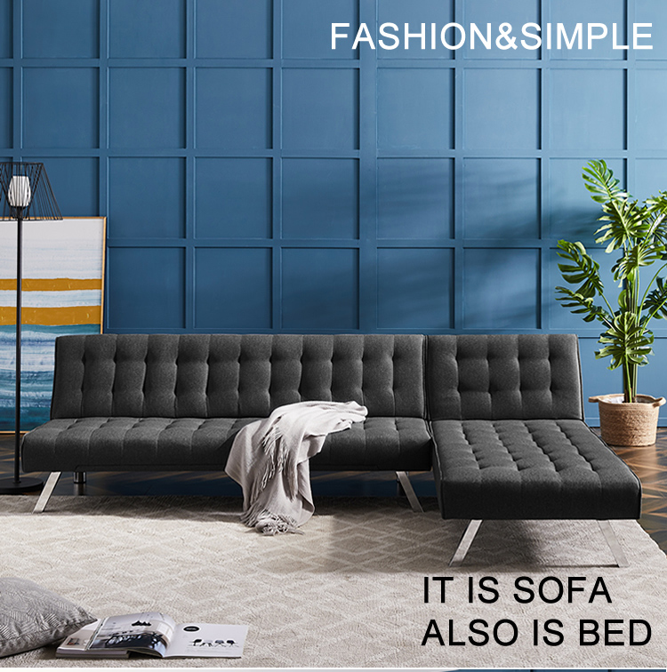 100" Lshaped Linen Fabric Upholstered Sofa Bed Black