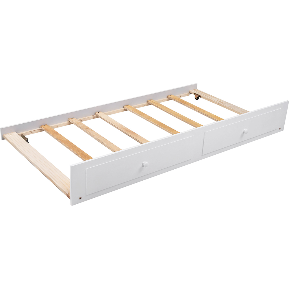 Twin-Size Wooden Daybed  Frame with Trundle Bed and Wooden Slat Support, No Need for Box Spring - White