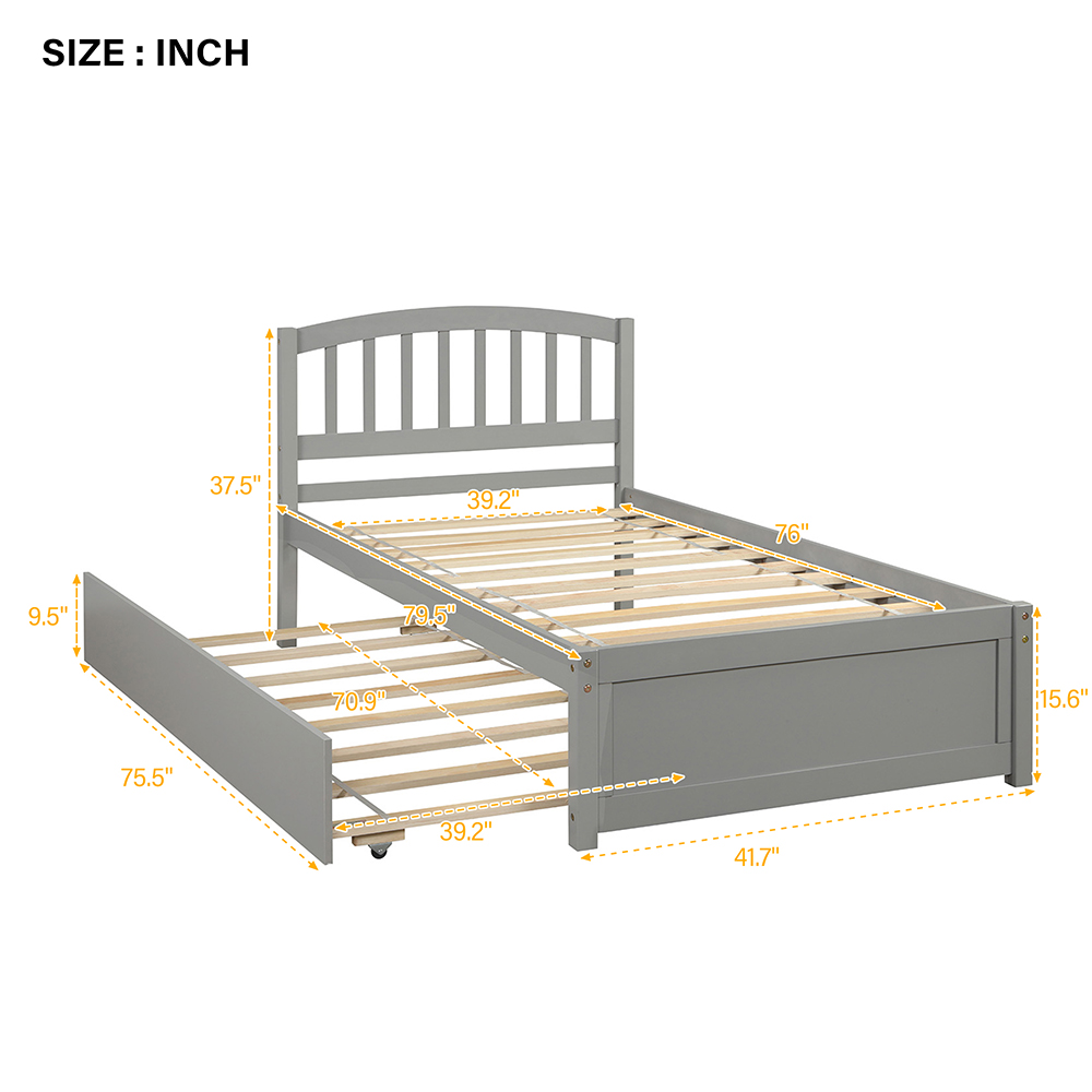 Twin Size Wooden Platform Bed Frame With Trundle Bed, And Wooden Slats Support, No Spring Box Required (Frame Only) - Gray 10 Twin Size Wooden Platform Bed Frame with Trundle Bed, and Wooden Slats Support, No Spring Box Required (Frame Only) - Gray