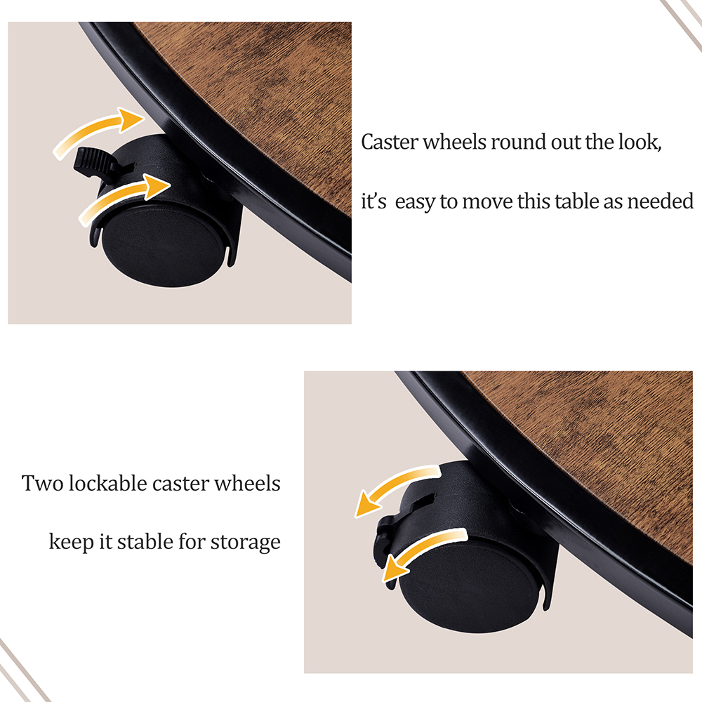 TREXM 35.5" 2-Layer Round Coffee Table with Caster Wheels and Wood Textured Surface, for Kitchen, Restaurant, Office, Living Room, Cafe - Dark Brown