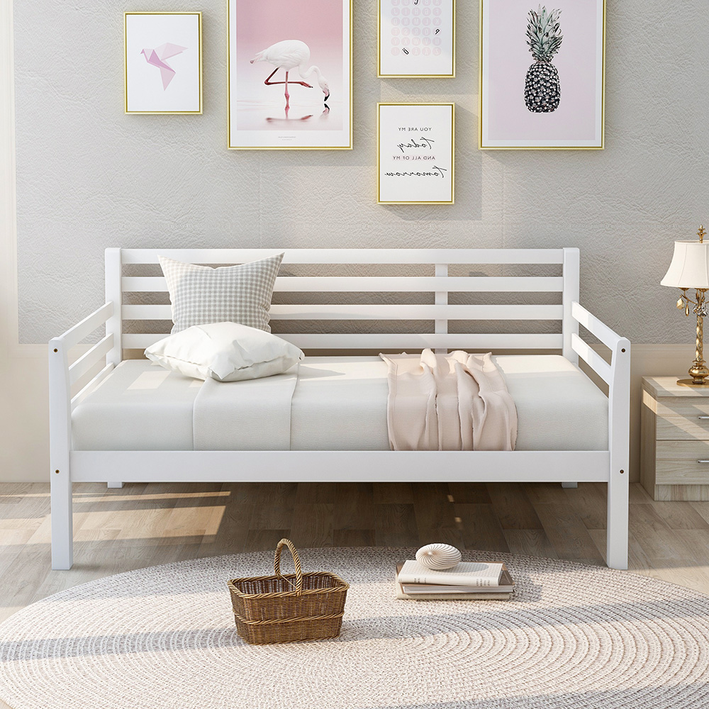 Full-Size Wooden Daybed Frame with Guardrail and Wooden Slat Support - White