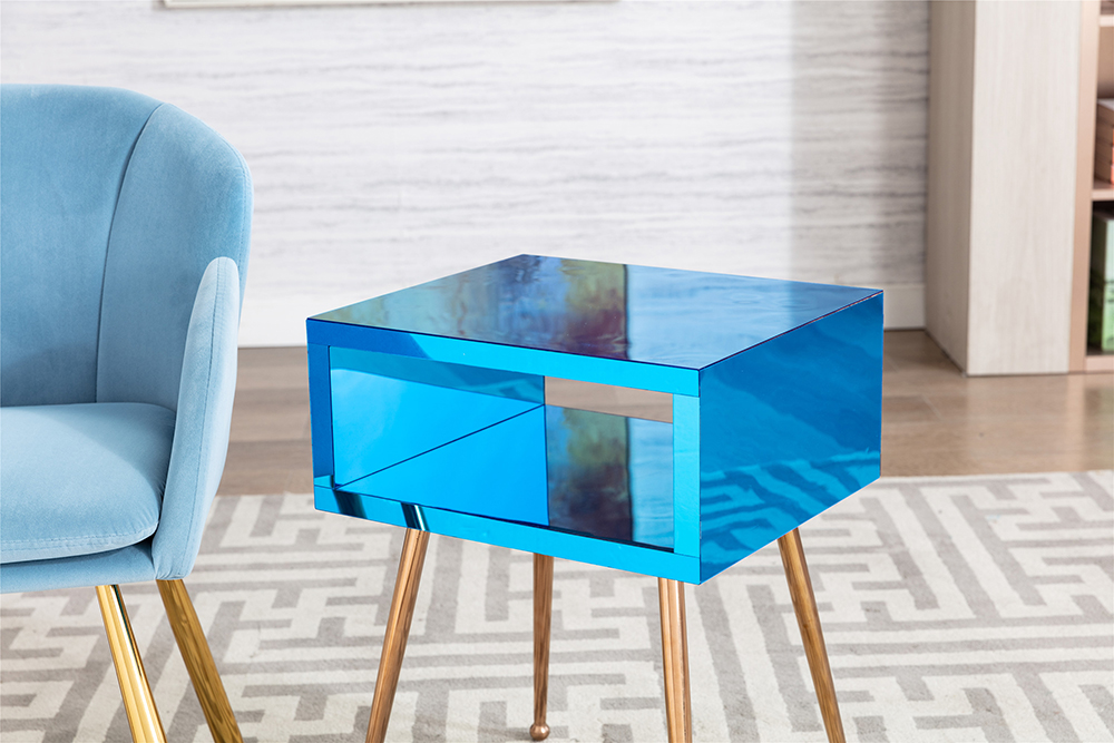 COOLMORE Mirror Bedside Table End Table with Metal High Legs for Living Room, Bedroom, Office, Dressing Room - Blue