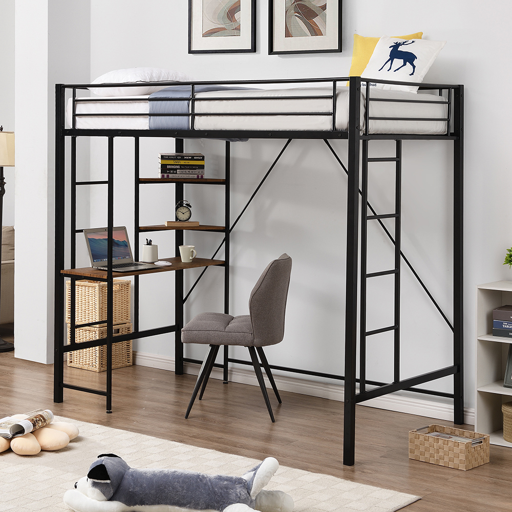 Twin Size Metal Loft Bed Frame with Storage Shelves and Desk, Space-saving Design, No Need for Spring Box - Black