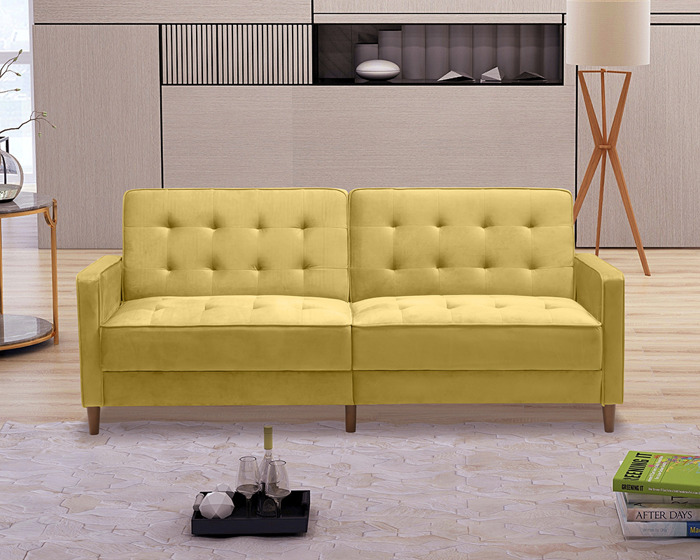 78" Velvet Fabric Upholstered Sofa Bed with Square Armrests Yellow