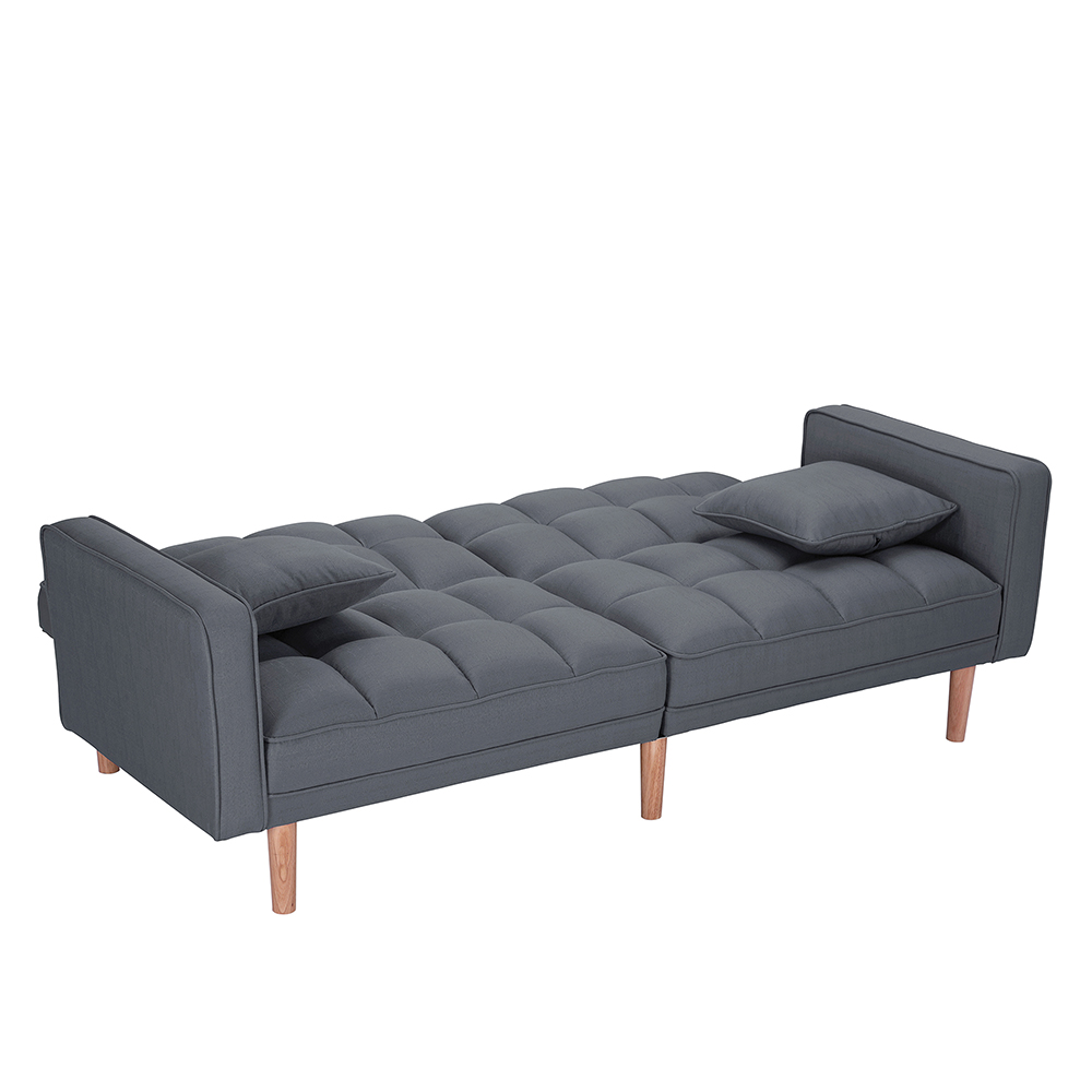 75" 2-seat Linen Upholstered Sofa Bed with 2 Pillows, Backrest, Armrests, and Solid Wood Feet, for Living Room, Bedroom, Office, Apartment - Dark Grey