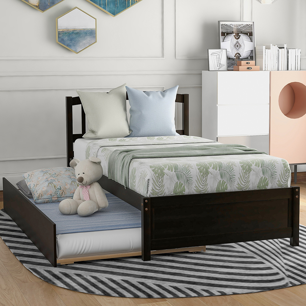 Twin Size Wooden Platform Bed Frame with Trundle Bed, and Wooden Slats Support, No Spring Box Required (Frame Only) - Espresso
