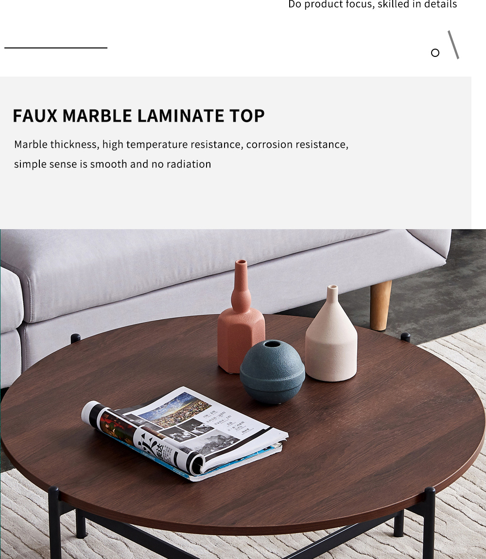 36" Modern Round Coffee Table with Walnut Tabletop and Metal Frame for Living Room, Office, Apartment, Restaurant - Black