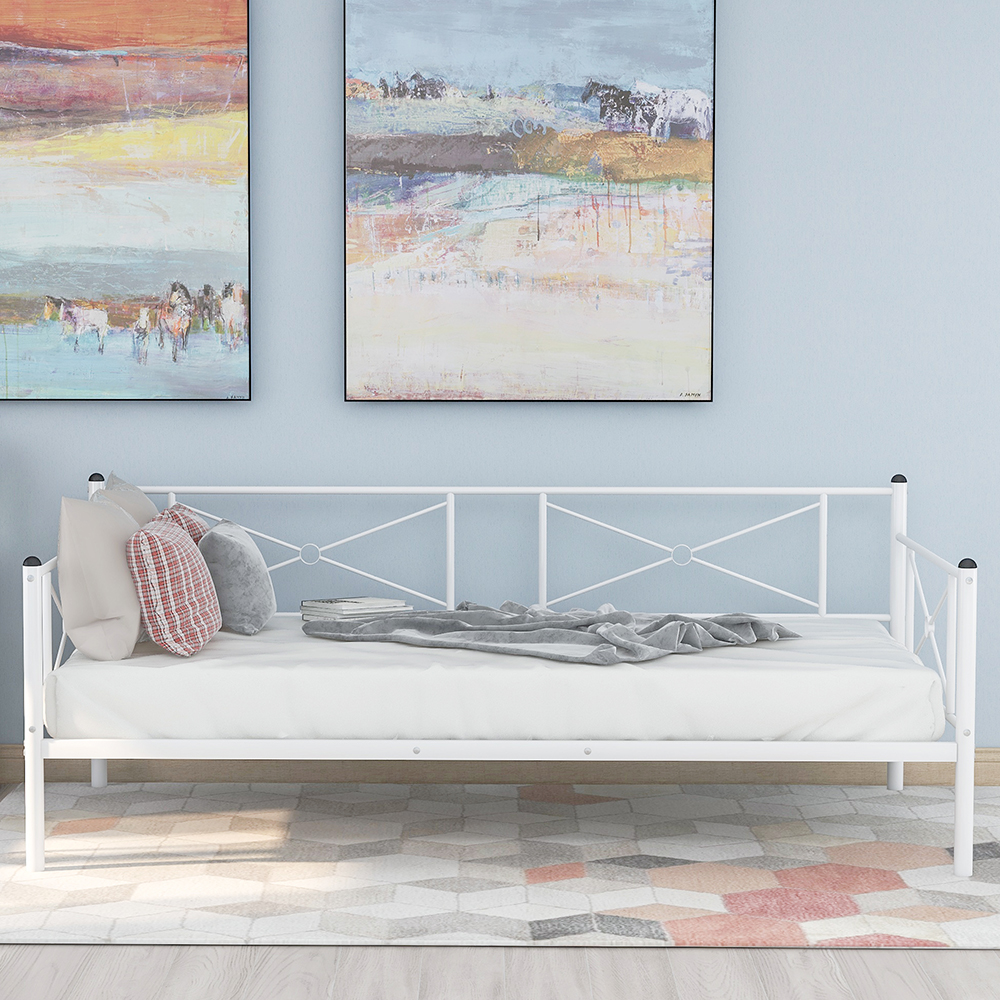 Twin Size Metal Sofa Bed Frame with Steel Slats for Living Room, Bedroom, Office, Apartment (Frame Only) - White