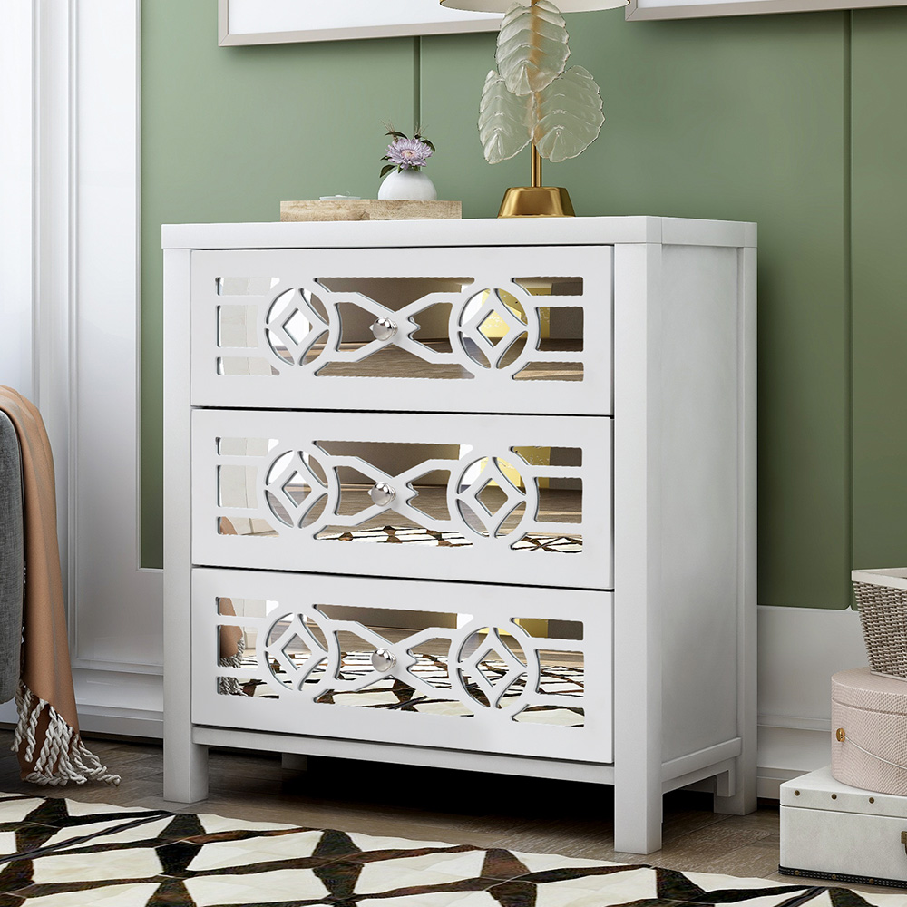 TREXM 26" Wooden Storage Cabinet with 3 Drawers and Decorative Mirror, for Entrance, Hallway, Dining Room, Kitchen - White