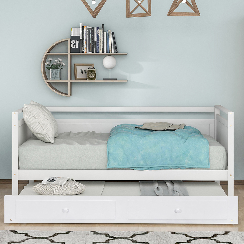 Twin-Size Wooden Daybed  Frame with Trundle Bed and Wooden Slat Support, No Need for Box Spring - White