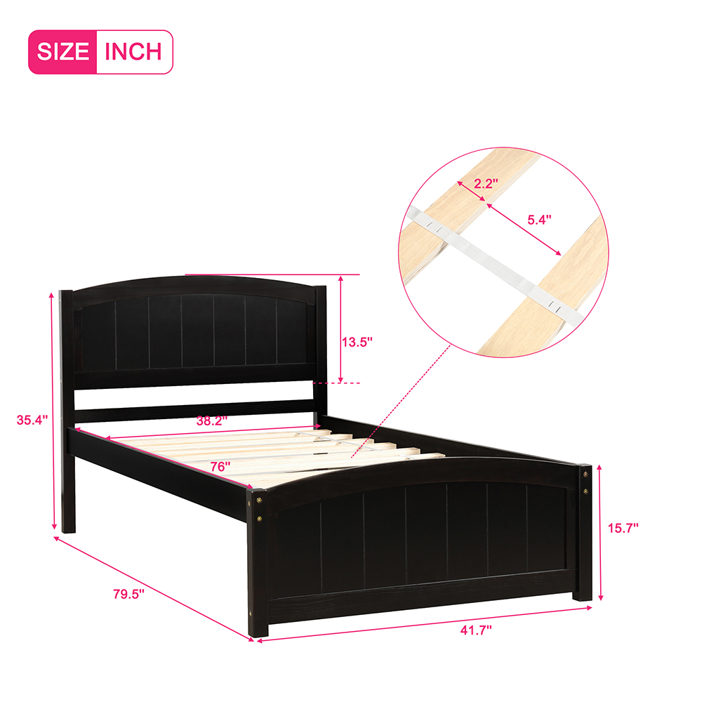 Twin-Size Wooden Platform Bed Frame with Headboard, Footboard, and Wooden Slats Support - Espresso