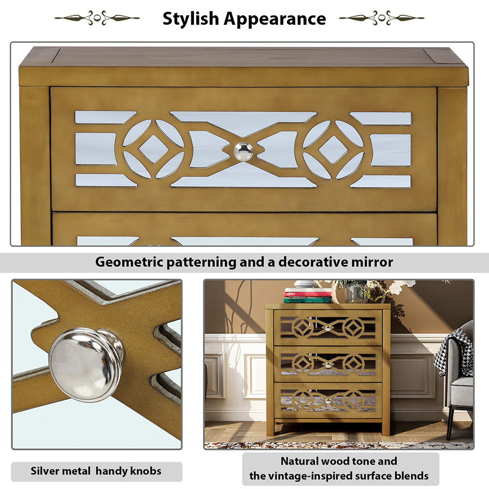 TREXM 26" Wooden Storage Cabinet with 3 Drawers and Decorative Mirror, for Entrance, Hallway, Dining Room, Kitchen - Gold