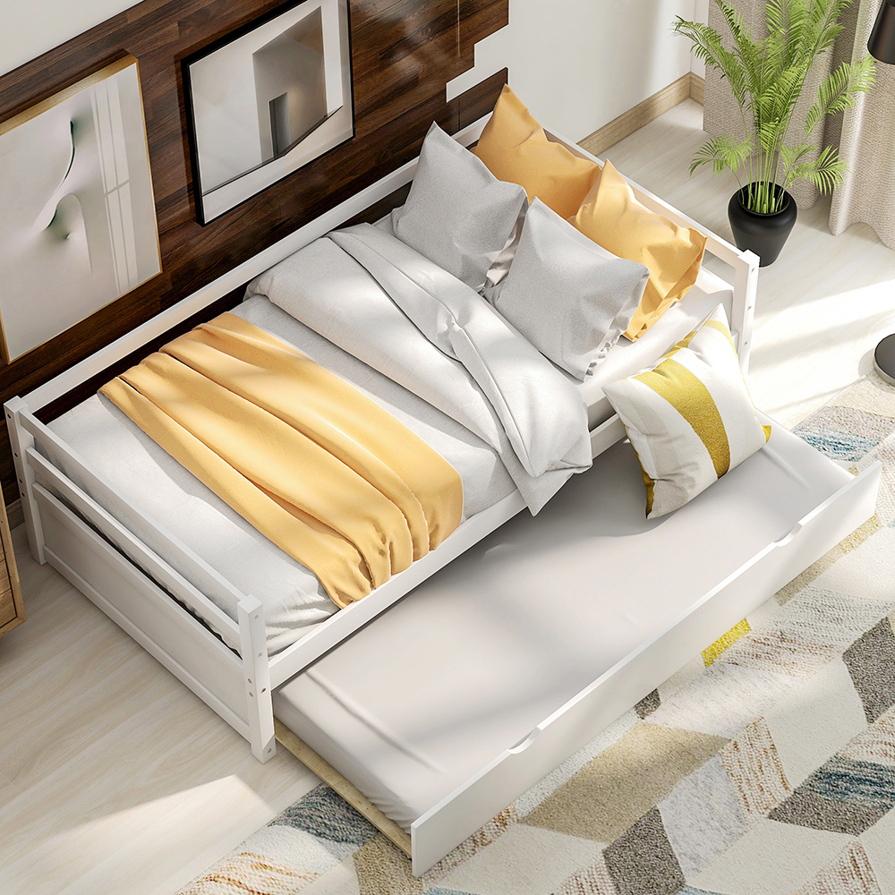 Twin Size Wooden Daybed With Trundle Bed And Wooden Slats Support, No Need For Spring Box, For Living Room, Bedroom, Office, Apartment - White 8 Twin Size Wooden Daybed with Trundle Bed and Wooden Slats Support, No Need for Spring Box, for Living Room, Bedroom, Office, Apartment - White
