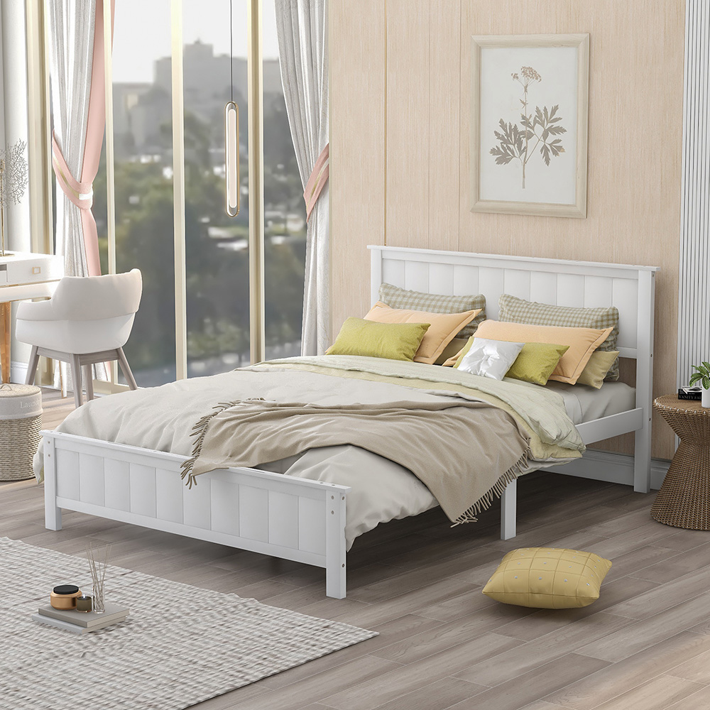 Full Size Wooden Platform Bed Frame with Headboard White