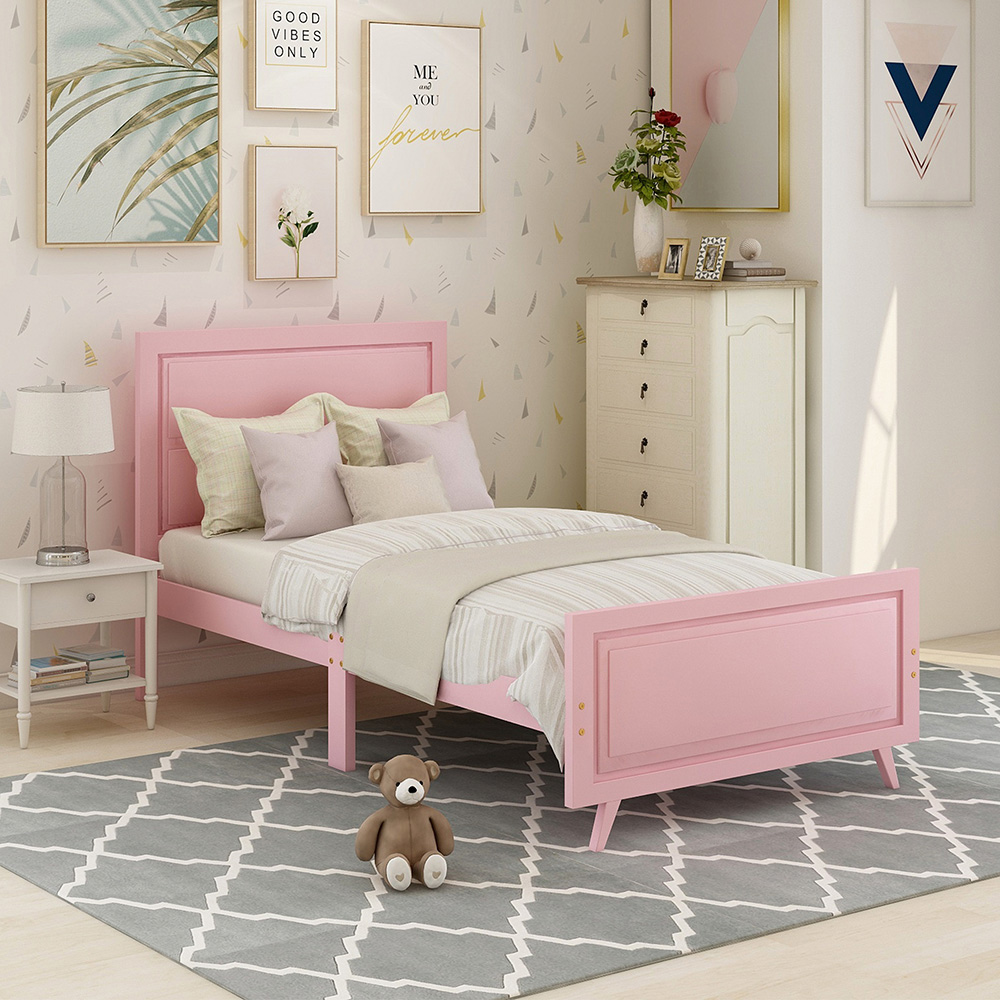 Twin-Size Wooden Platform Bed Frame with Headboard and Wooden Slats Support - Pink