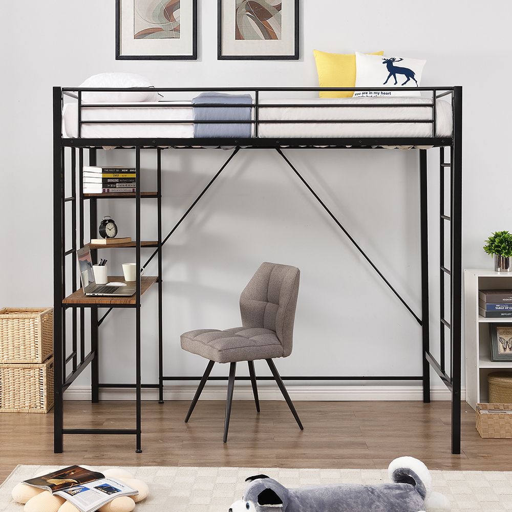 Twin Size Metal Loft Bed Frame with Storage Shelves and Desk, Space-saving Design, No Need for Spring Box - Black