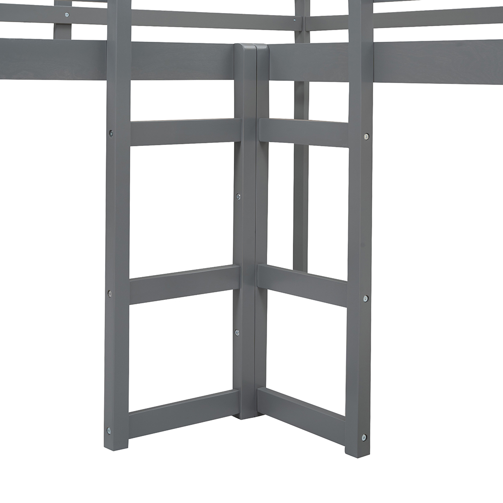 Twin-Size Wooden L-Shaped Loft Bed Frame with Ladder, Slide, and Wooden Slat Support, No Need for Box Spring - Gray